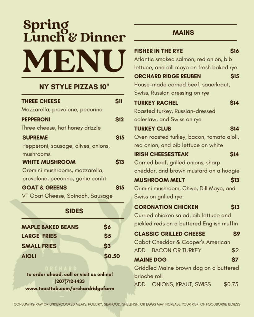 Spring 2026 lunch & dinner menu